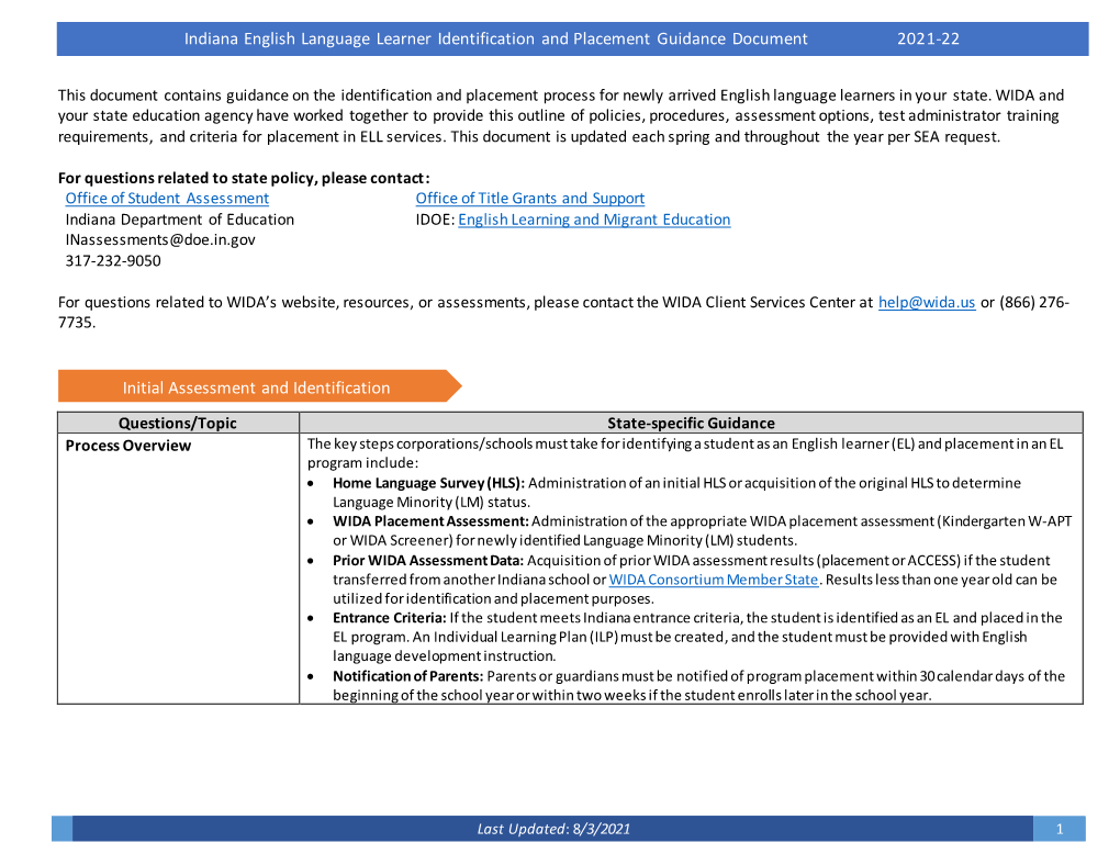 Indiana English Language Learner Identification and Placement Guidance Document 2021-22