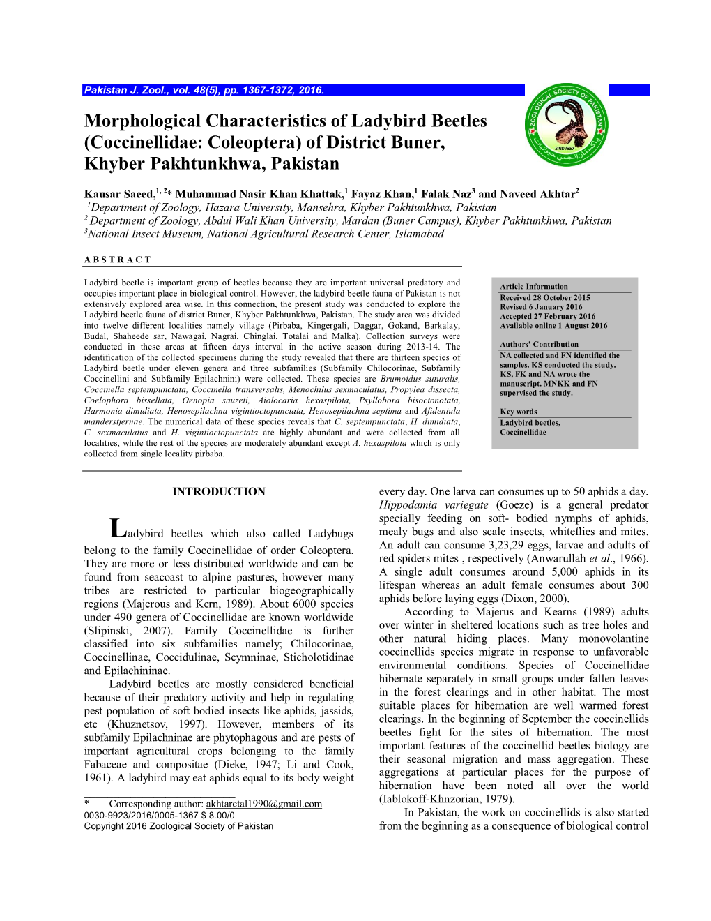 Morphological Characteristics of Ladybird Beetles (Coccinellidae: Coleoptera) of District Buner, Khyber Pakhtunkhwa, Pakistan