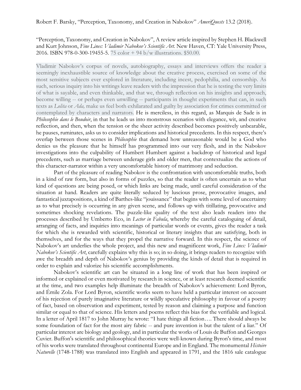 Robert F. Barsky, “Perception, Taxonomy, and Creation in Nabokov” Ameriquests 13.2 (2018)