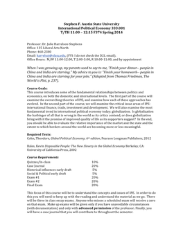 Stephen F. Austin State University International Political Economy 333.001 T/TH 11:00 – 12:15 F374 Spring 2014