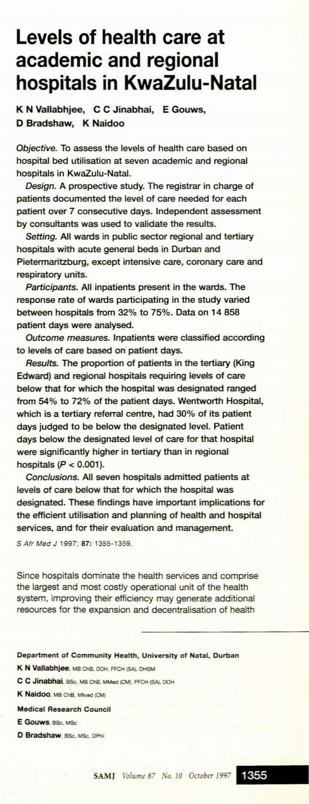 Levels of Health Care at Academic and Regional Hospitals in Kwazulu-Natal