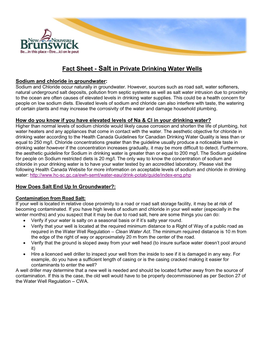 Fact Sheet on Sodium Chloride in Private Drinking Water Wells