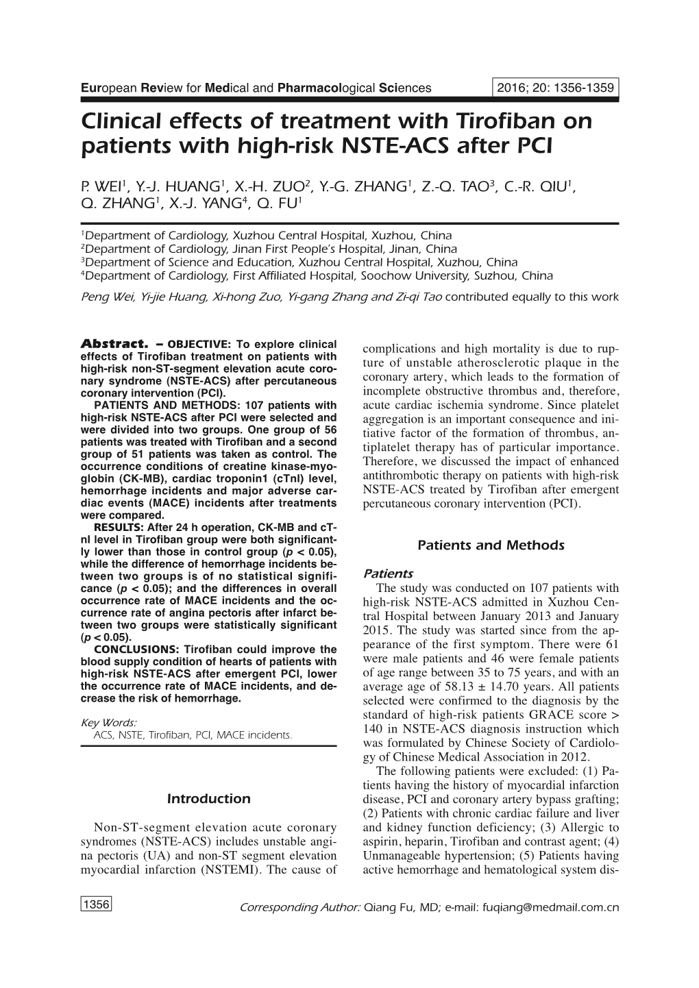 Clinical Effects of Treatment with Tirofiban on Patients with High-Risk NSTE-ACS After PCI