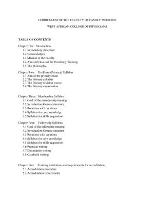 Curriculum of the Faculty of Family Medicine