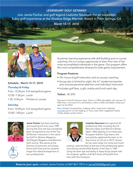 Join Jamie Fischer and Golf Legend Liselotte Neumann for an Incredible 3-Day Golf Experience at the Shadow Ridge Marriott Resort in Palm Springs, CA March 15-17, 2018