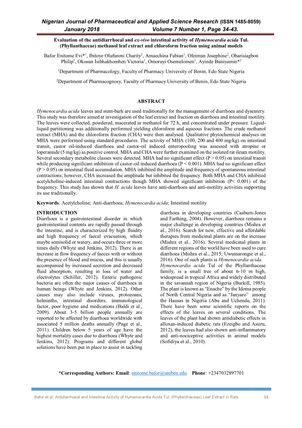 Nigerian Journal of Pharmaceutical and Applied Science Research (ISSN 1485-8059) January 2018 Volume 7 Number 1, Page 34-43