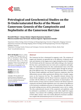 Petrological and Geochemical Studies on the Si-Undersaturated Rocks of the Mount Cameroon: Genesis of the Camptonite and Nephelinite at the Cameroon Hot Line