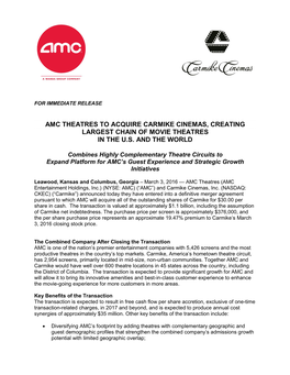 Amc Theatres to Acquire Carmike Cinemas, Creating Largest Chain of Movie Theatres in the U.S