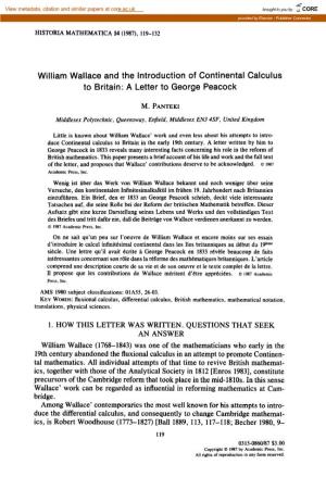 William Wallace and the Introduction of Continental Calculus to Britain: a Letter to George Peacock