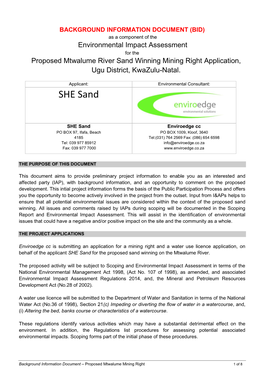 BID) As a Component of the Environmental Impact Assessment for the Proposed Mtwalume River Sand Winning Mining Right Application, Ugu District, Kwazulu-Natal