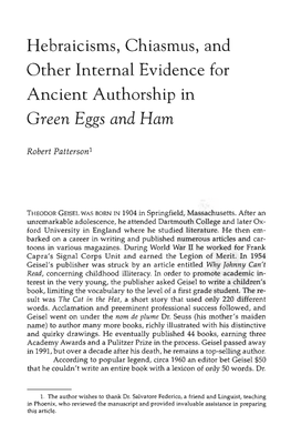 Hebraicisms, Chiasmus, and Other Internal Evidence for Ancient Authorship in Green Eggs and Ham
