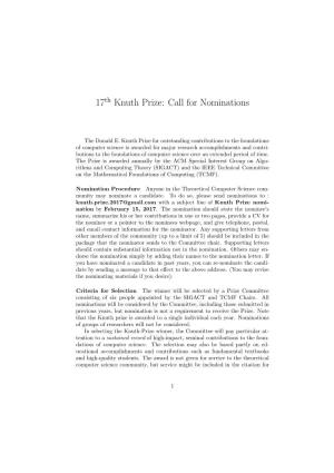 17Th Knuth Prize: Call for Nominations