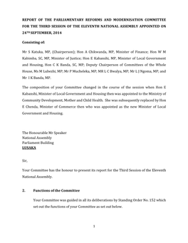 Report of the Parliamentary Reforms and Modernisation Committee for the Third Session of the Eleventh National Assembly Appointed on 24Th September, 2014