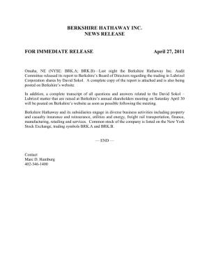 Berkshire Hathaway Inc. News Release for Immediate