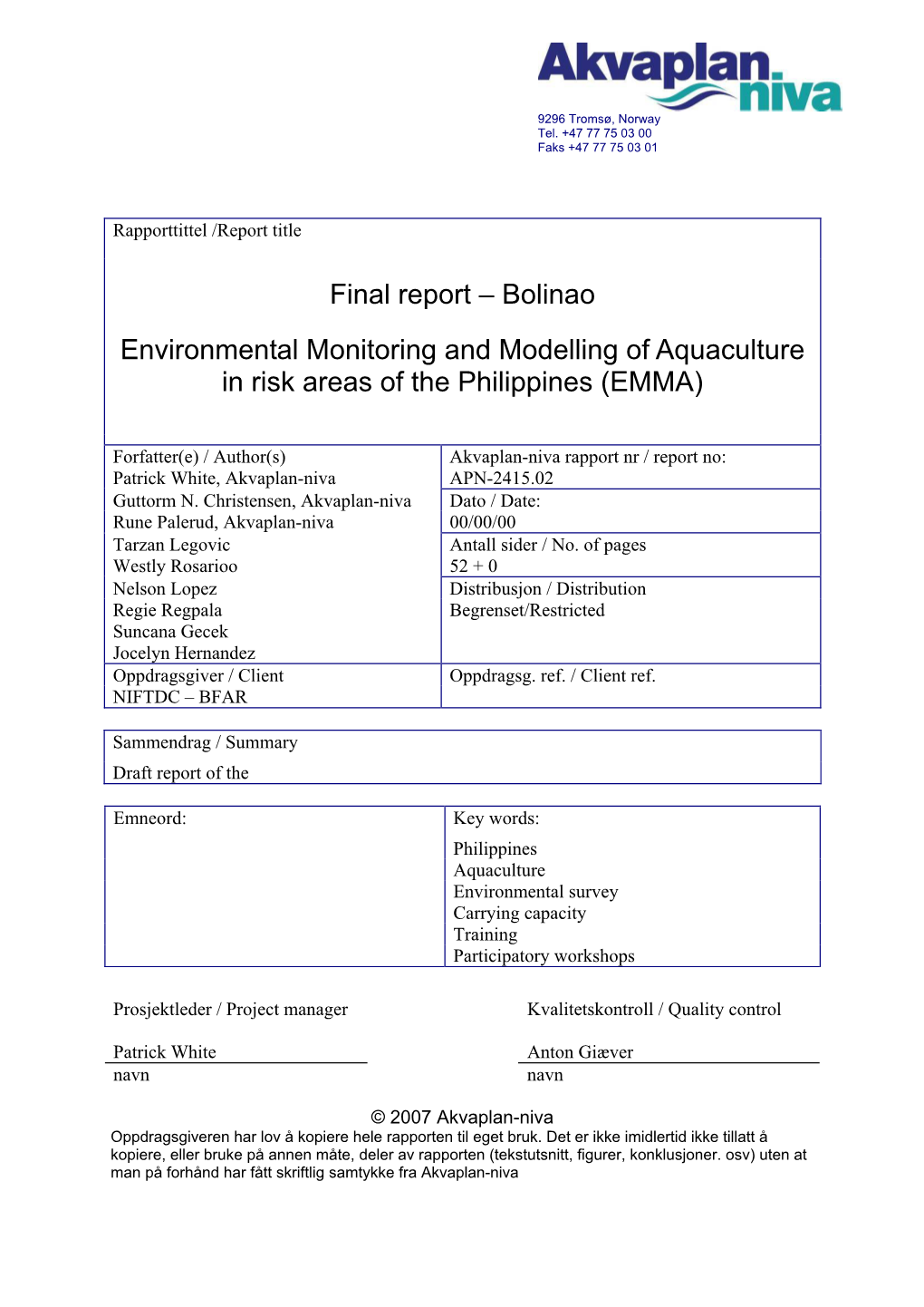 Final Report – Bolinao Environmental Monitoring and Modelling of Aquaculture in Risk Areas of the Philippines (EMMA)