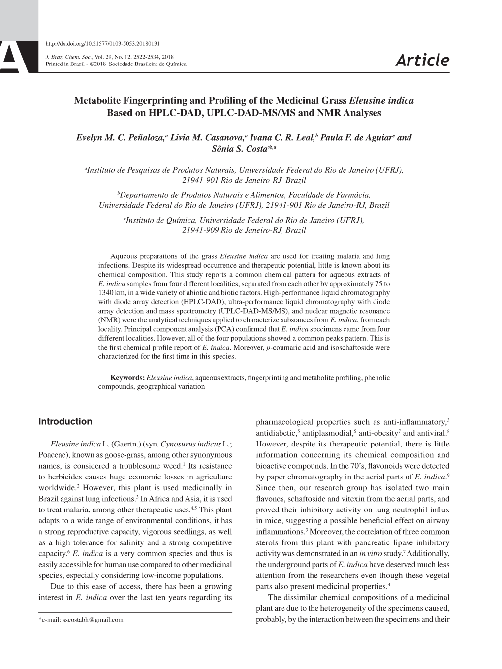 Metabolite Fingerprinting and Profiling of the Medicinal Grass Eleusine