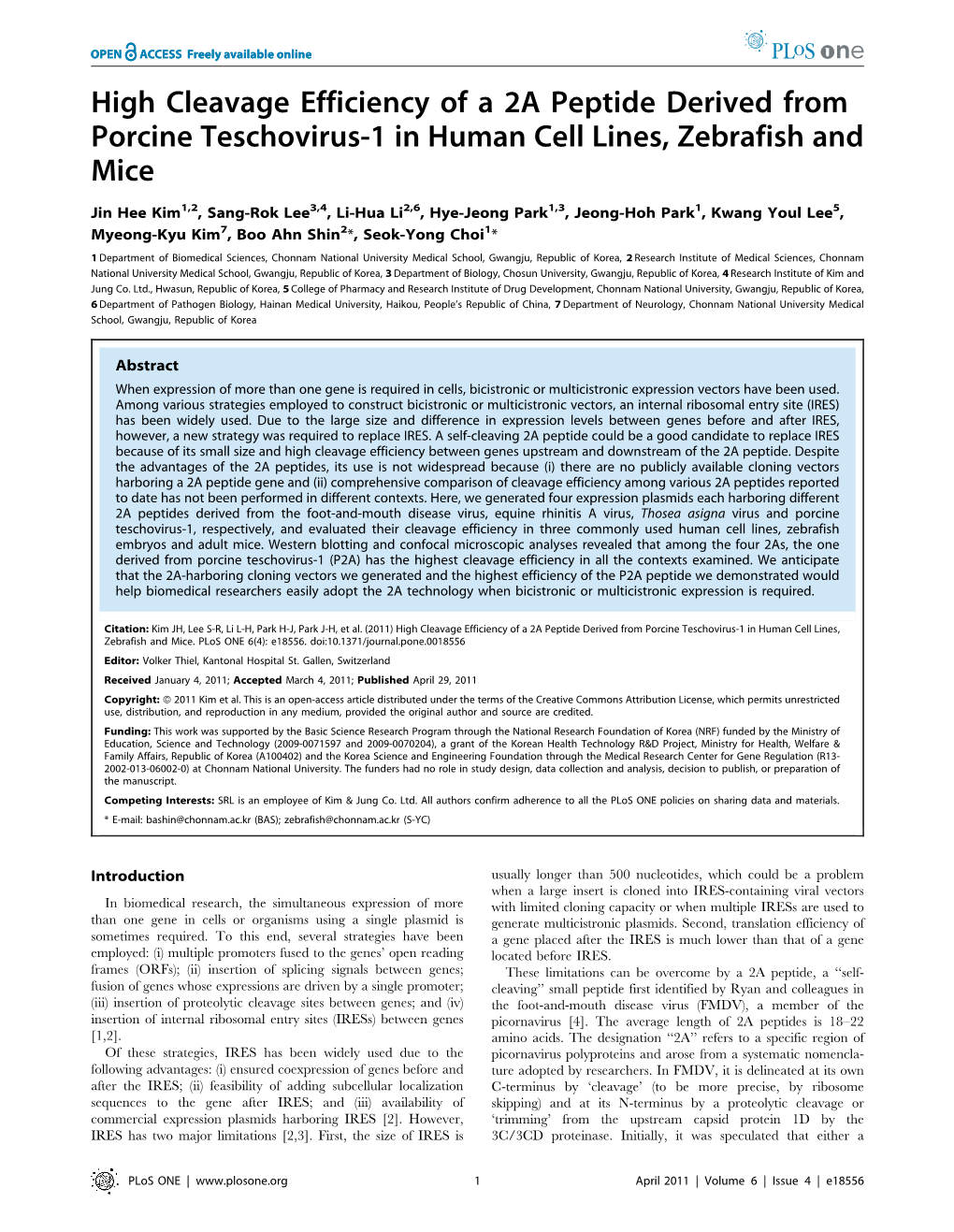 High Cleavage Efficiency of a 2A Peptide Derived from Porcine Teschovirus-1 in Human Cell Lines, Zebrafish and Mice