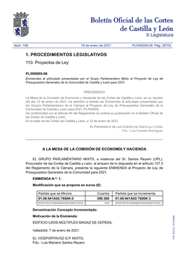 Enmiendas Al Articulado Presentadas Por El Grupo Parlamentario Mixto Al Proyecto De Ley De Presupuestos Generales De La Comunidad De Castilla Y León Para 2021