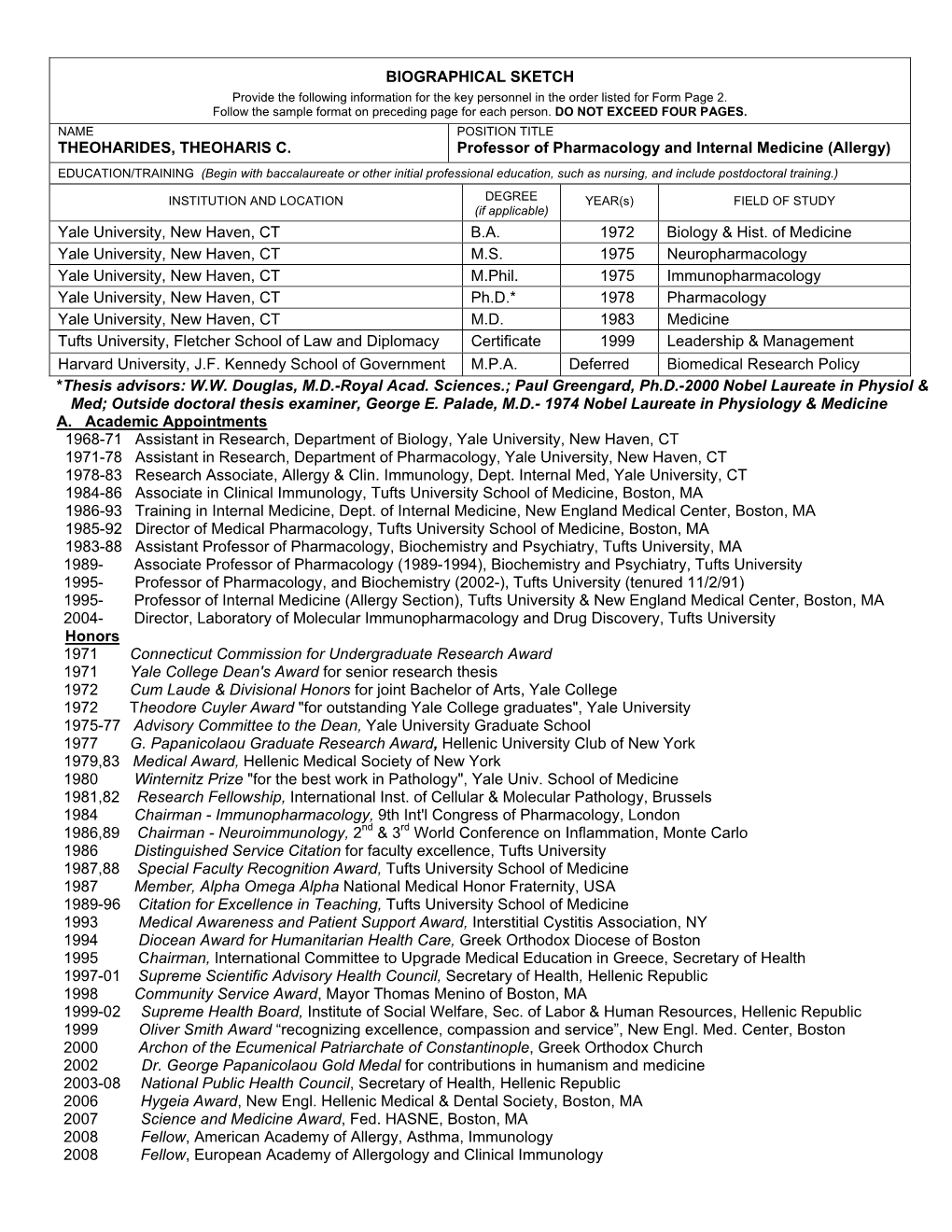 Biographical Sketch Theoharides