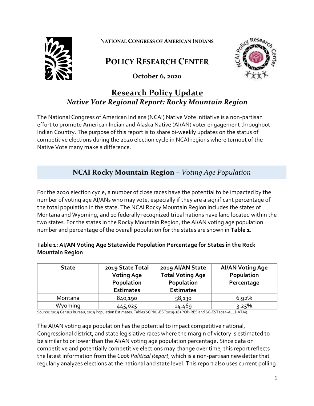 Research Policy Update Native Vote Regional Report: Rocky Mountain Region