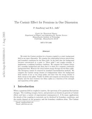 The Casimir Effect for Fermions in One Dimension