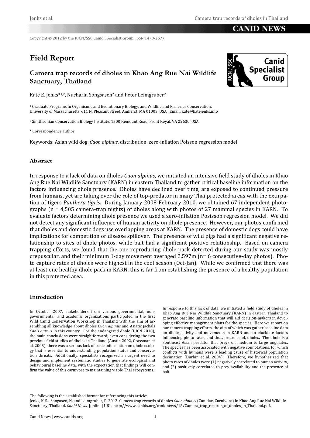 Information About Camera Trap Records of Dholes in Thailand