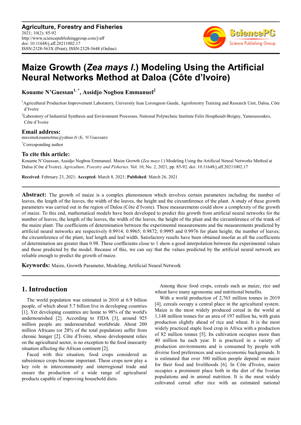 Maize Growth (Zea Mays L.) Modeling Using the Artificial Neural Networks Method at Daloa (Côte D’Ivoire)