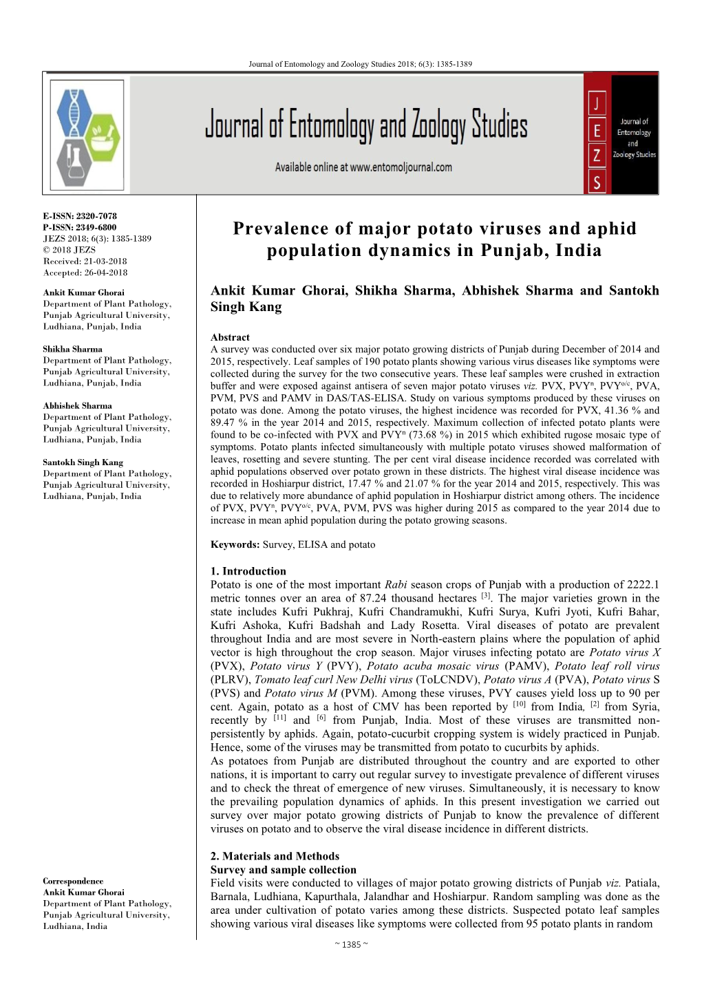 Prevalence of Major Potato Viruses and Aphid Population Dynamics In