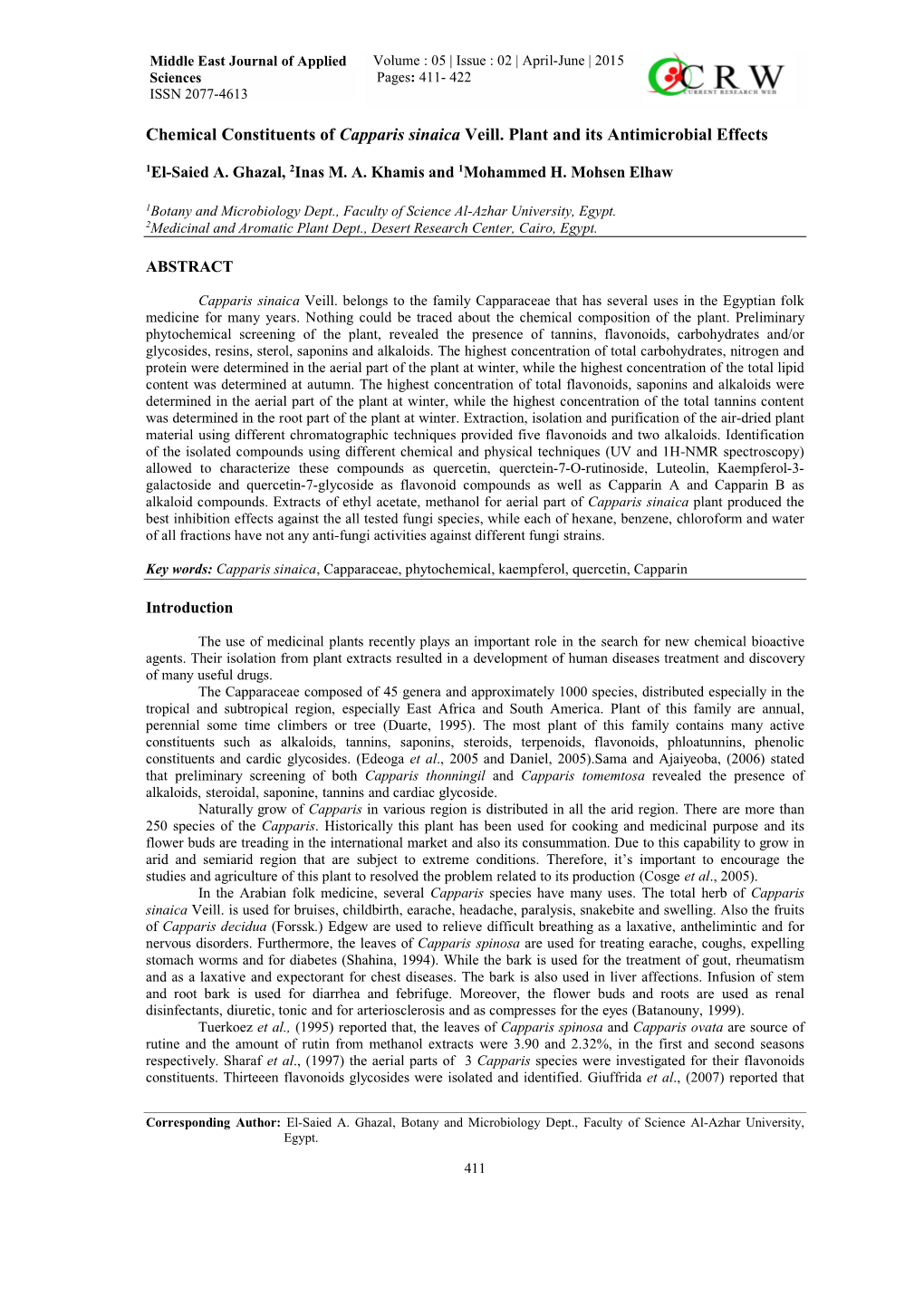 Chemical Constituents of Capparis Sinaica Veill. Plant and Its Antimicrobial Effects