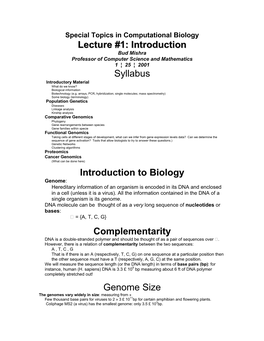 Lecture #1: Introduction Syllabus Introduction to Biology