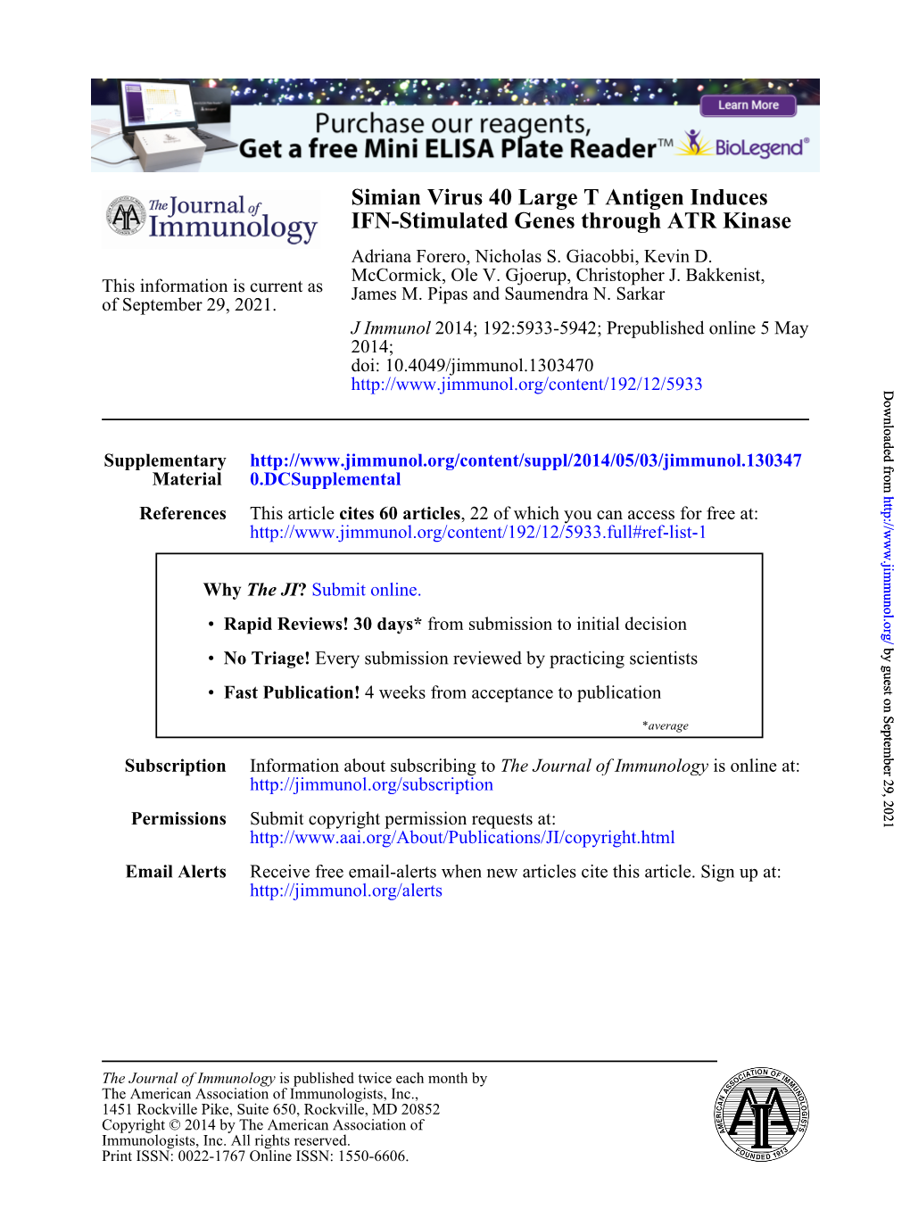 IFN-Stimulated Genes Through ATR Kinase Simian Virus 40 Large T Antigen Induces