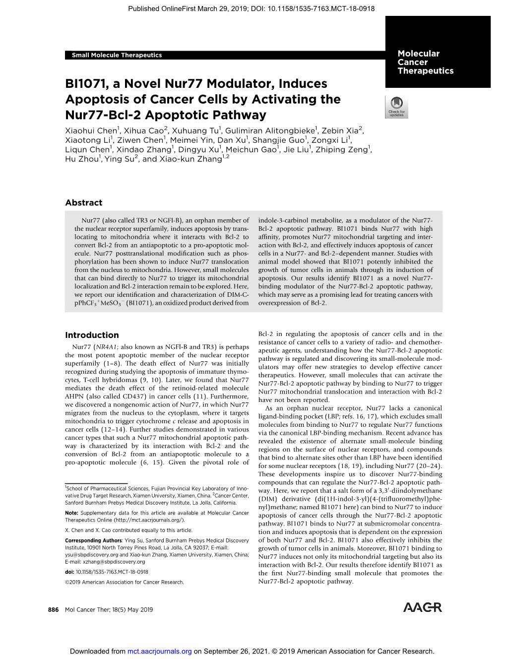 BI1071, a Novel Nur77 Modulator, Induces Apoptosis of Cancer Cells