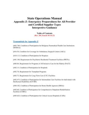 State Operations Manual Appendix Z- Emergency Preparedness for All Provider and Certified Supplier Types Interpretive Guidance