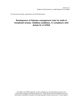Development of Fisheries Management Tools for Trade in Humphead Wrasse, Cheilinus Undulatus, in Compliance with Article IV of CITES