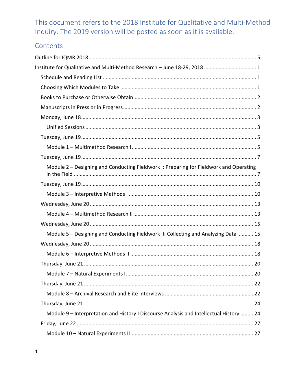 Institute for Qualitative and Muti-Method Research 2018 Schedule and Reading List