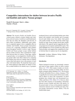 Competitive Interactions for Shelter Between Invasive Pacific Red Lionfish and Native Nassau Grouper