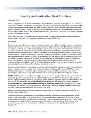 Identity Authentication Best Practices About PTAC the U.S