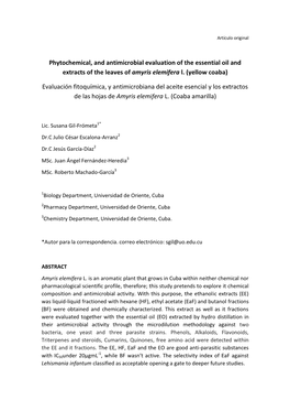 Phytochemical, and Antimicrobial Evaluation of the Essential Oil and Extracts of the Leaves of Amyris Elemifera L