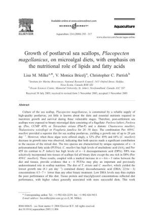 Growth of Postlarval Sea Scallops, Placopecten Magellanicus, on Microalgal Diets, with Emphasis on the Nutritional Role of Lipids and Fatty Acids