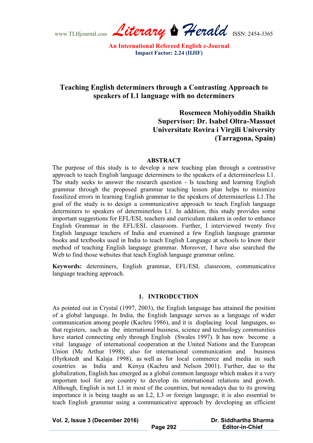 Teaching English Determiners Through a Contrasting Approach to Speakers of L1 Language with No Determiners