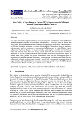 Geo-Politics of Most Favoured Nation (MFN) Status Under the WTO and Future of Trade Between India-Pakistan