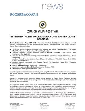 Esteemed Talent to Lead Zurich 2012 Master Class Sessions