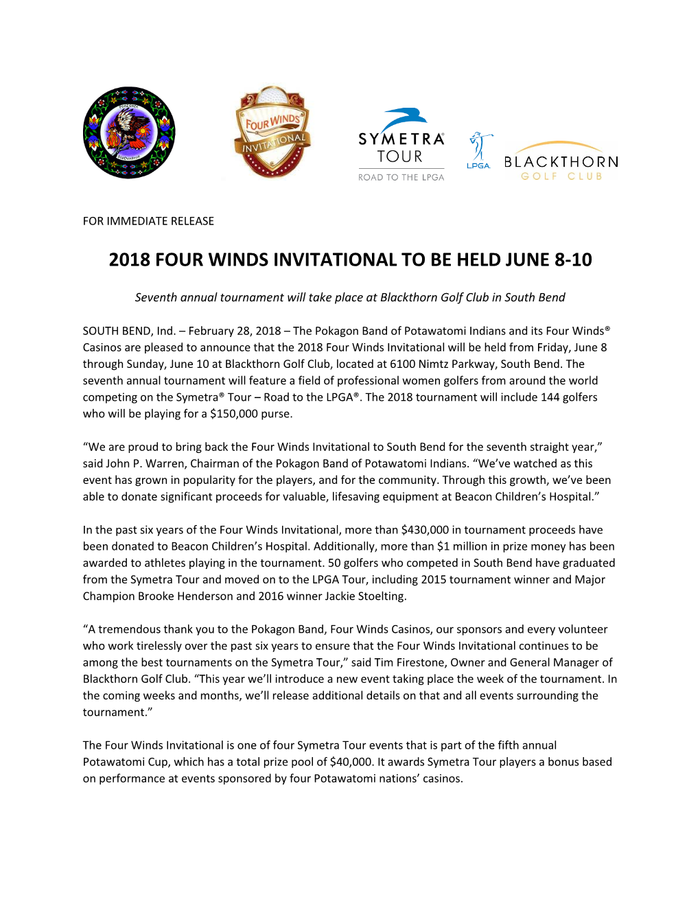 2018 Four Winds Invitational to Be Held June 8-10