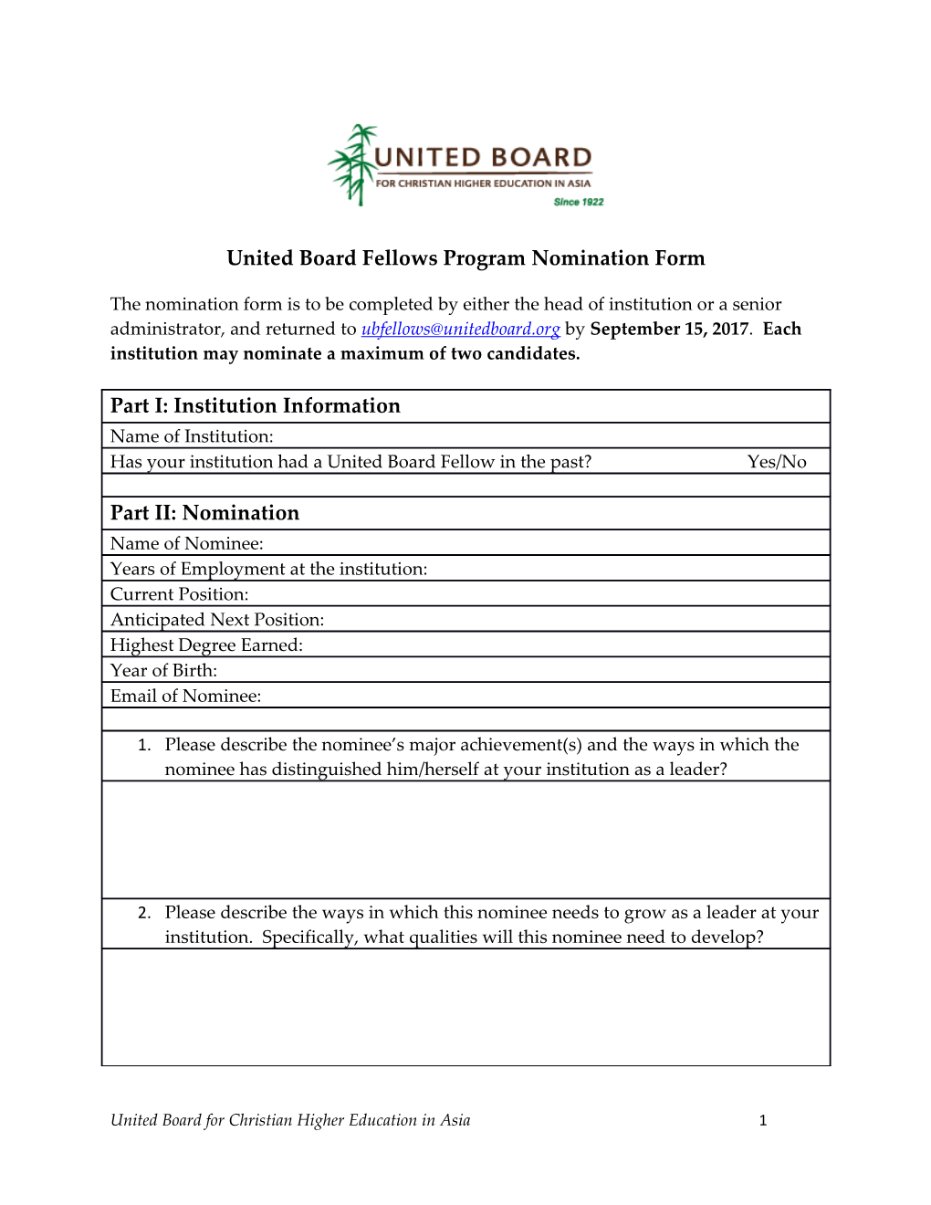 United Board Fellows Program Nomination Form