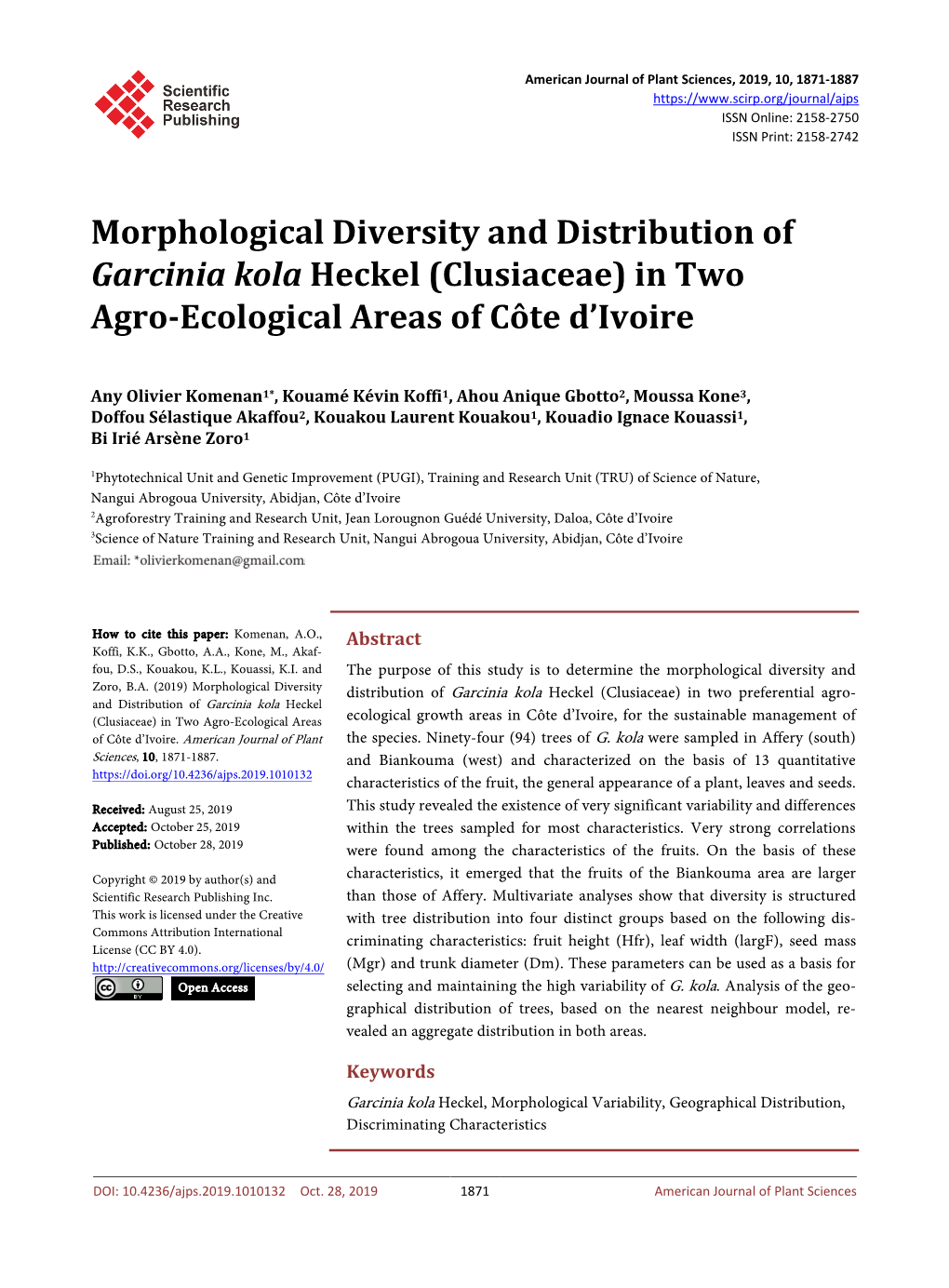 Morphological Diversity and Distribution of Garcinia Kola Heckel (Clusiaceae) in Two Agro-Ecological Areas of Côte D’Ivoire