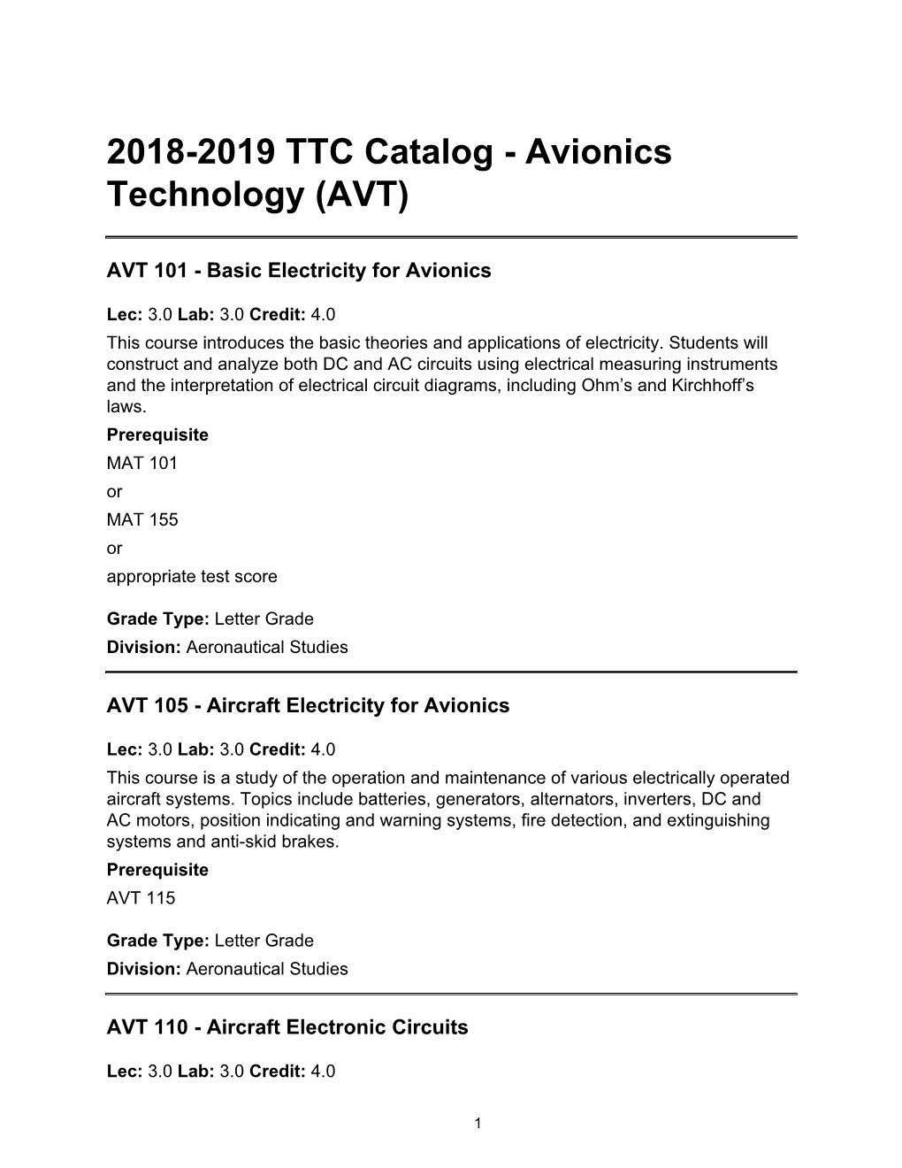 2018-2019 TTC Catalog - Avionics Technology (AVT)