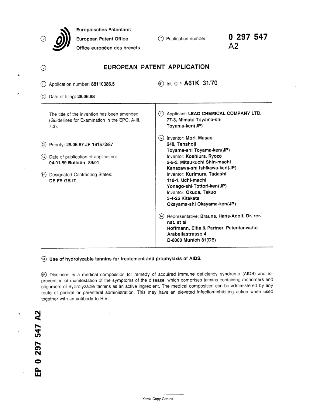 Use of Hydrolyzable Tannins for Treatement and Prophylaxis of AIDS