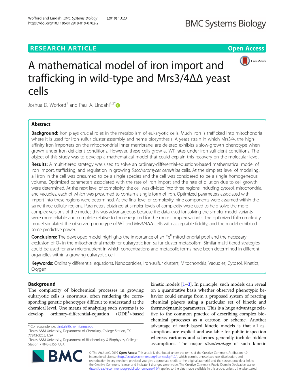 A Mathematical Model of Iron Import and Trafficking in Wild-Type and Mrs3/4ΔΔ Yeast Cells Joshua D