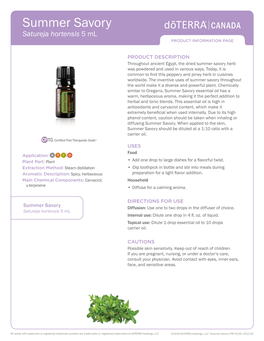 Summer Savory Satureja Hortensis 5 Ml PRODUCT INFORMATION PAGE