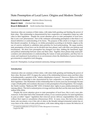 State Preemption of Local Laws: Origins and Modern Trends*